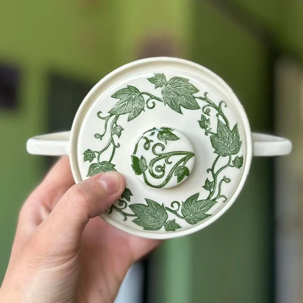 VTG Porcelain Green + White Porcelain Floral Vine Leaf Kitchen Container + Lid